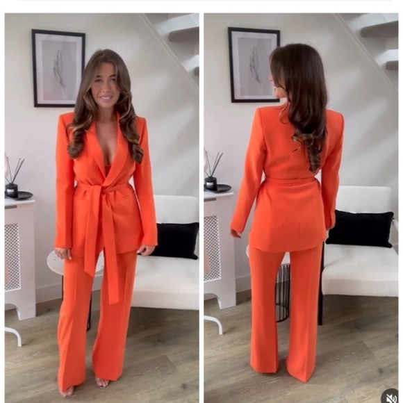 ZARA 2 PIECE BELTED TUXEDO COLLAR BLAZER AND HIGH WAISTED PANTS - Picture 6 of 10